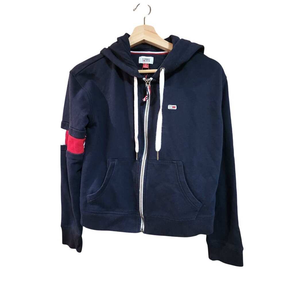 Tommy Jeans Navy Hoodie Sweatshirt With Red & White Stripes Womens S
